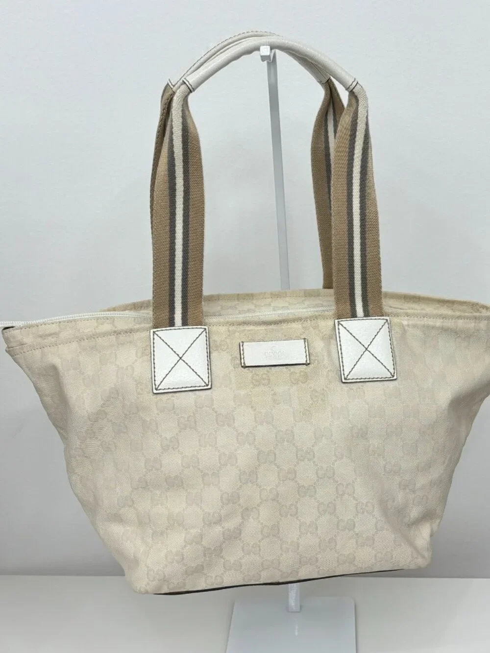 Gucci Vintage GG Canvas Web Boat Tote – Cream/White
